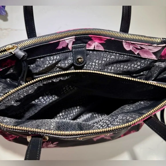 KATE SPADE Crossbody Nylon Tote, P436 Black Pink Roses - Picture 14 of 16